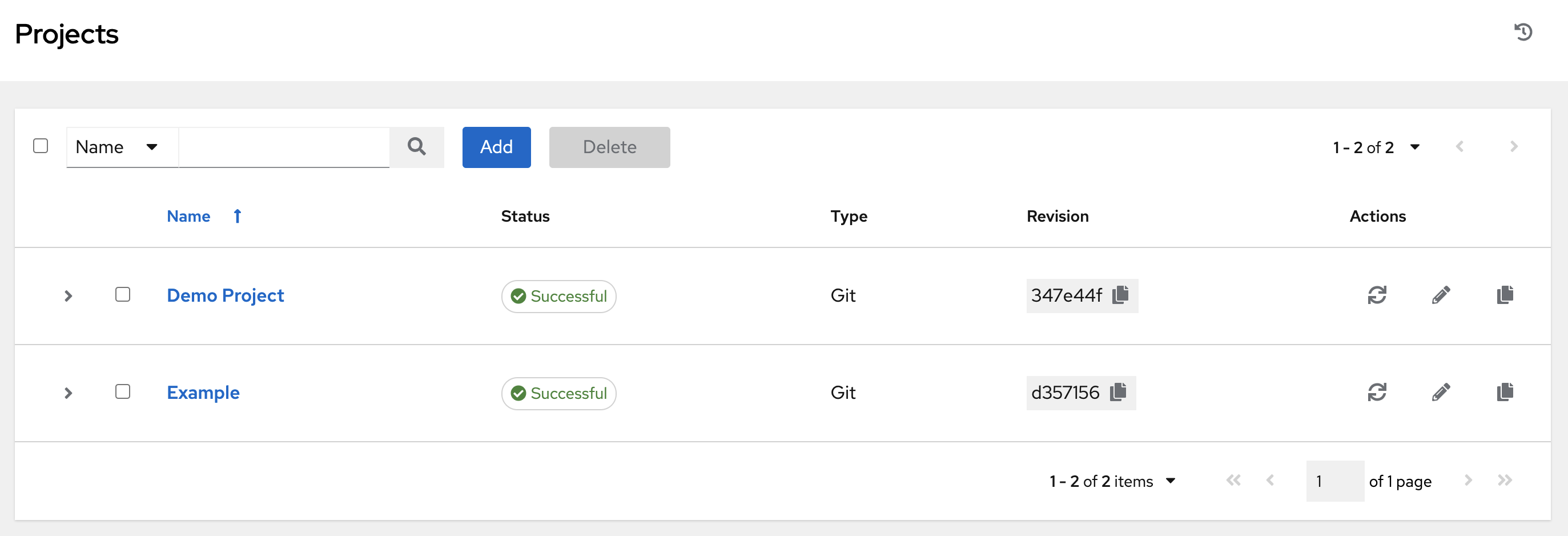Projects list view in automation controller