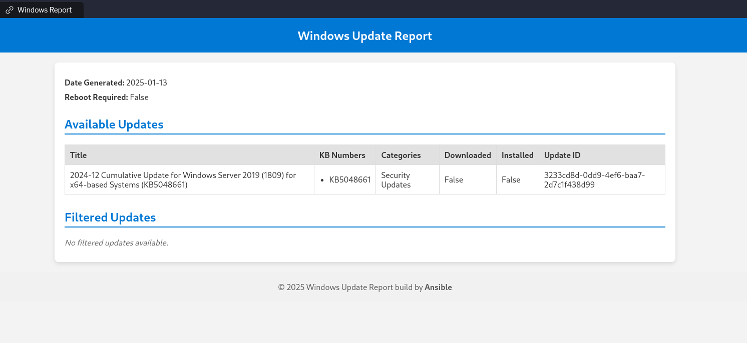Generated Windows update report