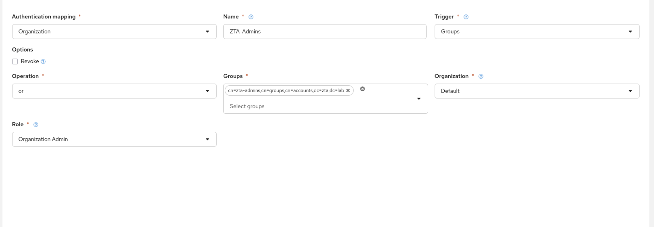 Organization admin mapping configuration for zta-admins group