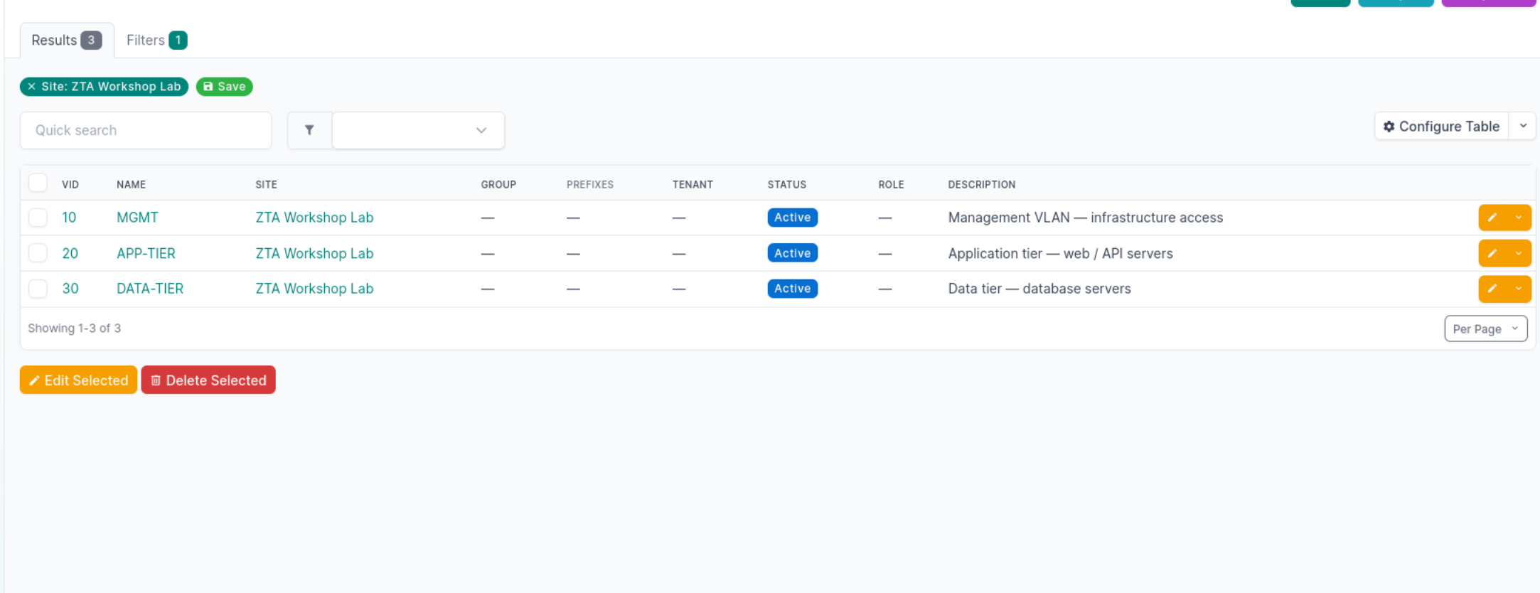 NetBox VLAN configuration showing App-tier Data-tier and Management VLANs