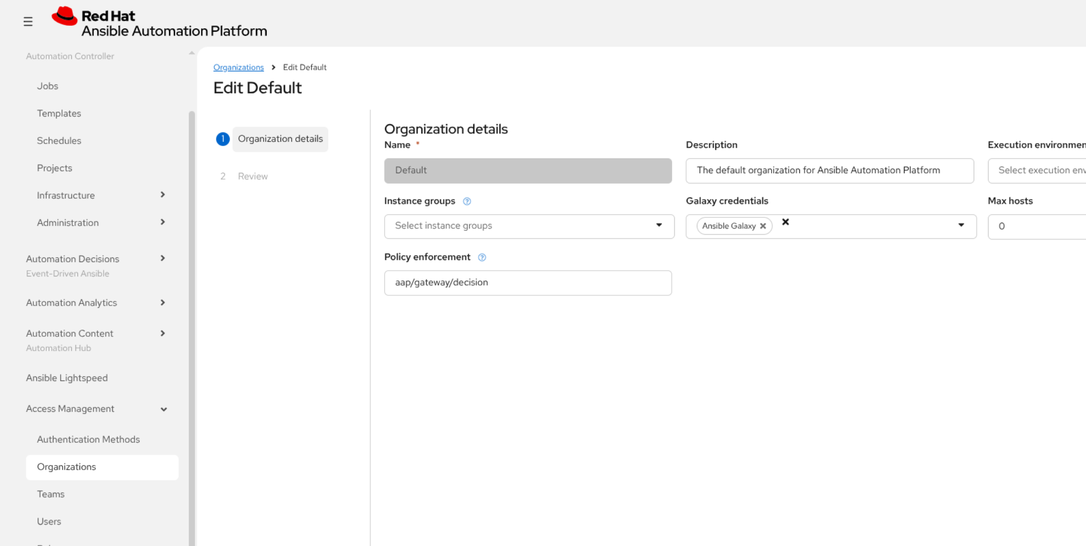 Organization settings showing policy enforcement configuration with aap/gateway/decision endpoint
