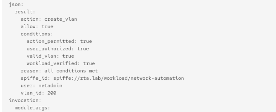 OPA policy evaluation showing ALLOW decision for legitimate network-automation workload