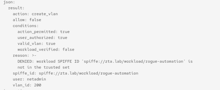 OPA policy evaluation showing DENY decision for rogue-automation workload identity