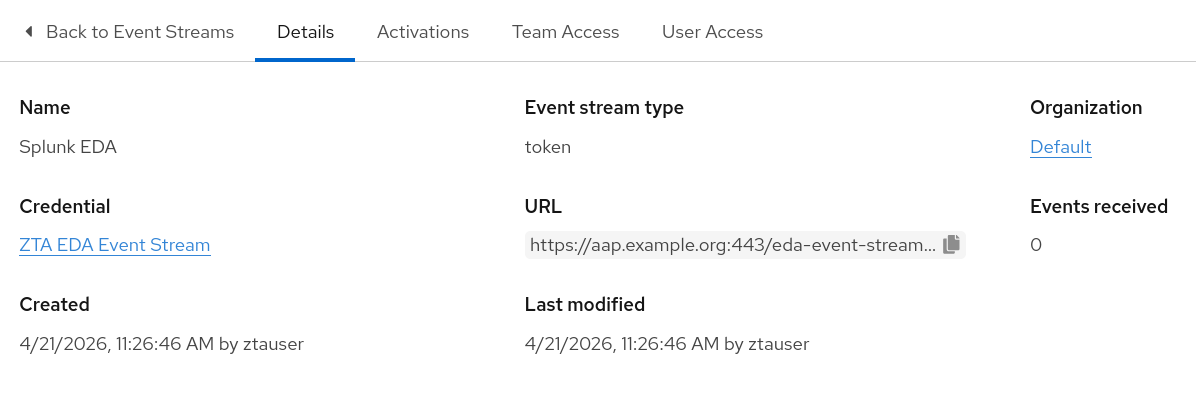 Event stream configuration showing generated webhook URL endpoint