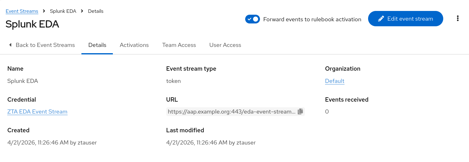 Event stream settings showing toggle to disable event forwarding for testing